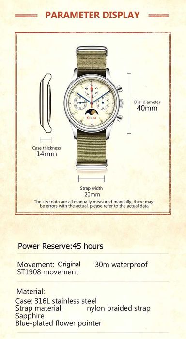 Ceas 40mm Safir Cronograf Pilot 1963 Seagull Moonphase ST1908 Calendar