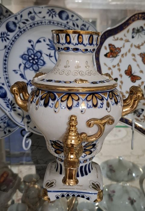 Гжель фарфоровый шкатулка СССР самовар