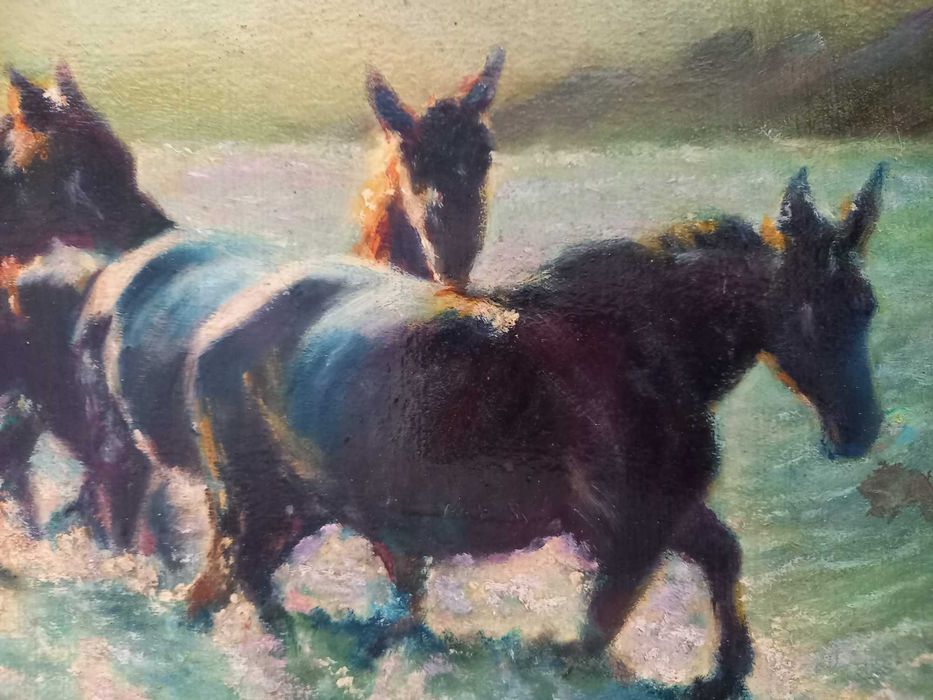 A. Bellomi – „Cai traversând apa” – ulei pe carton, 50 × 35 cm