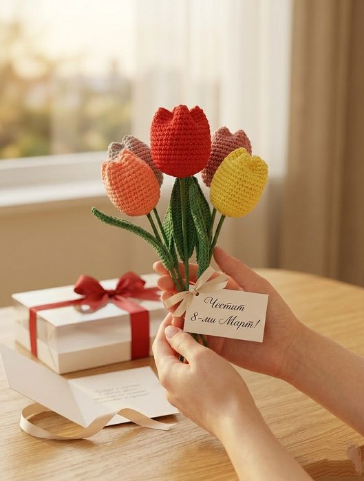 Ръчно плетени букети за 8-ми Март