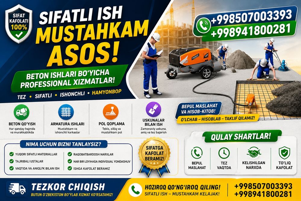 Suxoy stayashka xizmati
– polni tekislash
– laz