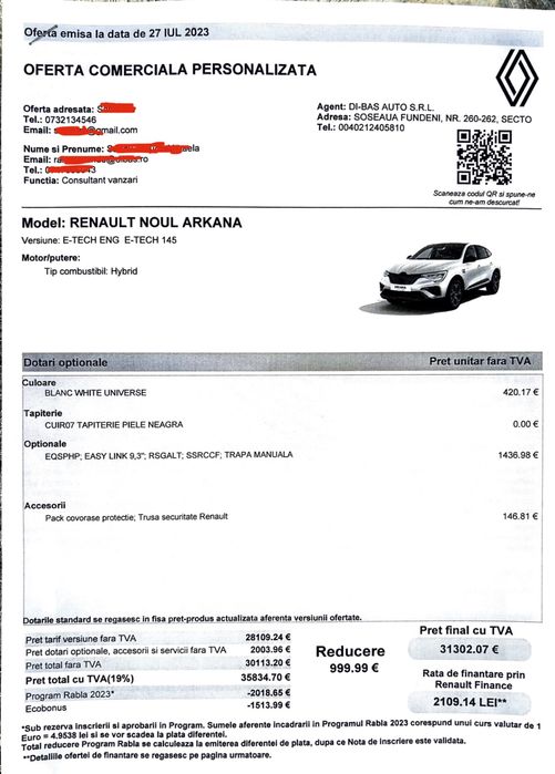 Vand/ schimb Renault Arkana 2023 E-Tech Engineered full hybrid 145 | Garantie+pachet revizii 5 ani | audio BOSE