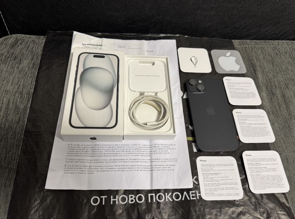 КАТО НОВ 256GB iPhone 15 Vivacom Гаранция 2025 Black