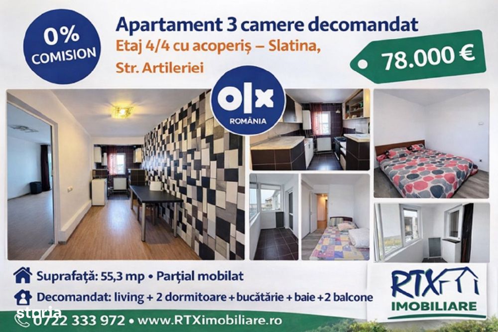 0% Com! Ap 3 cam decomandat 55,3 mp Et 4/4 cu acoperiș Slatina
