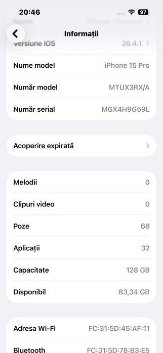Iphone 15 pro bateria 84%originala