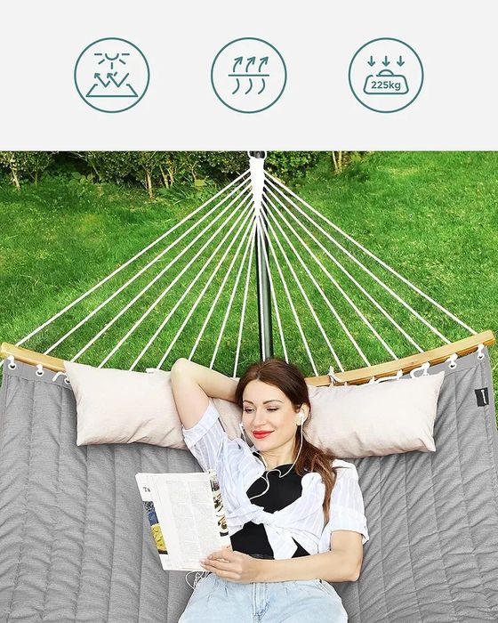 Hamac dublu căptușit SONGMICS GDC34CG cu bare curbate detașabile din bambus și pernă, material Oxford, 200 x 140 cm, încărcătură 225 kg, gri și bej