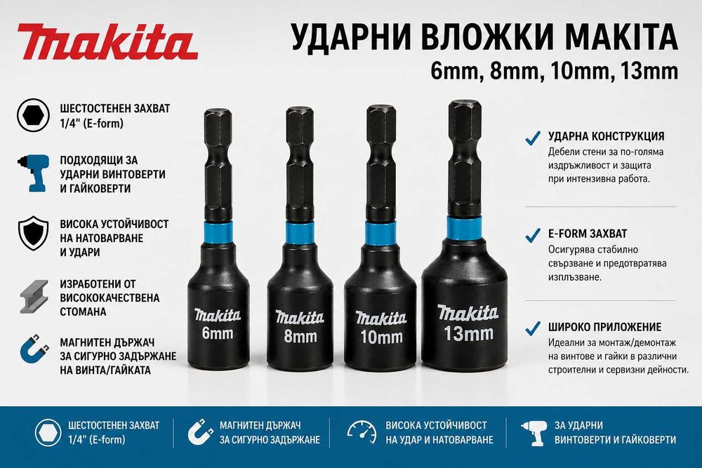 Магнитни вложки Makita Impact Black 6 мм 8 мм 10 мм 13 mm
