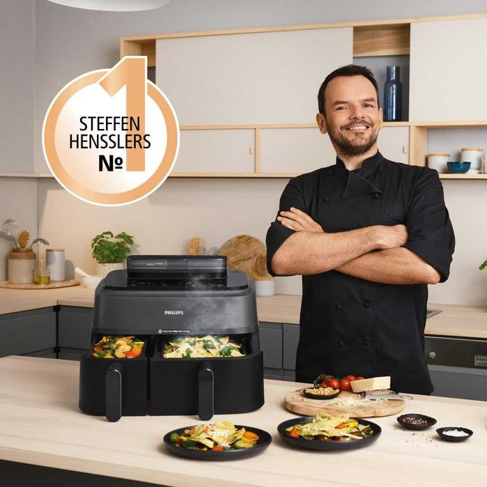 ПРОМО Нов 2г Гаранция Фритюрник с Горещ Въздух Airfryer Philips NA550/00 с Двойна Кошница