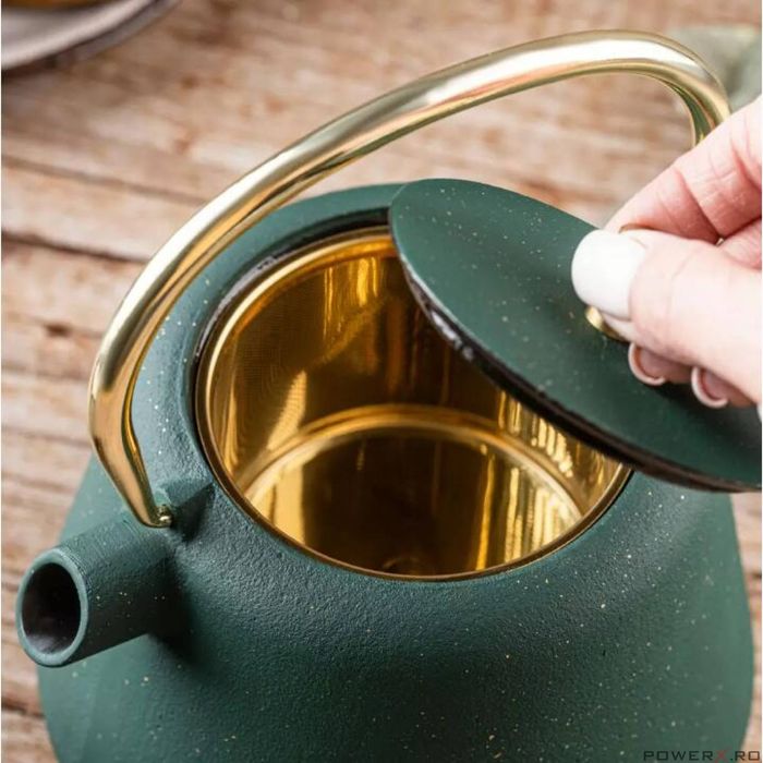 Ceainic din fonta cu strecuratoare, interior emailat, 1l, verde cu