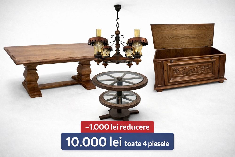 Set mobilier rustic din lemn masiv, 4 piese, valoare decorativa mare