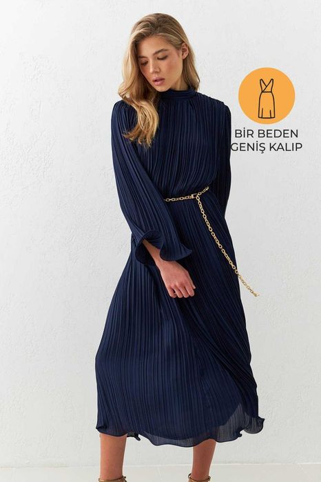 Женское миди-платье с водолазкой и поясом-Turkiya