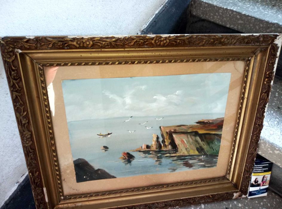 Стара МАСЛЕНА КАРТИНА Море и Планински Пейзаж ТЕМПЕРА - 70те Години БГ