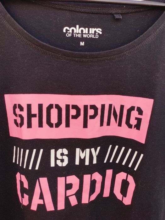 Tricou damă Colours of the World – Negru, imprimeu „Shopping is my cardio”, mărimea M