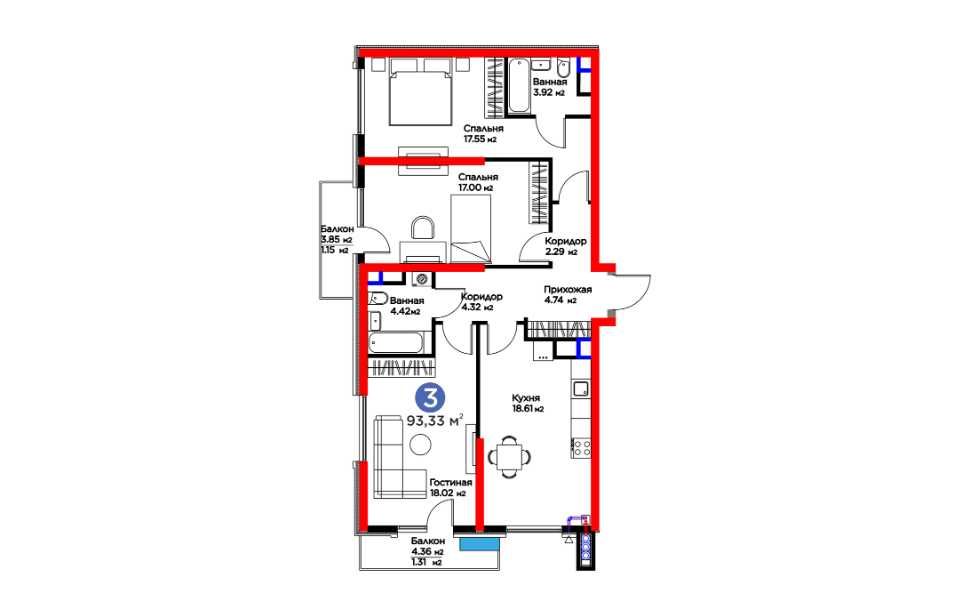ЖК BI SAN`AT 3-к квартира 93.33 м2. г. Ташкент, ул. Фергана йули