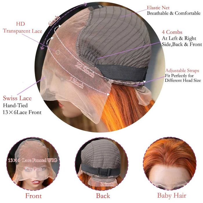 Естествена перука – кестенява с оранжеви кичури, 60 см, дантела 13х6