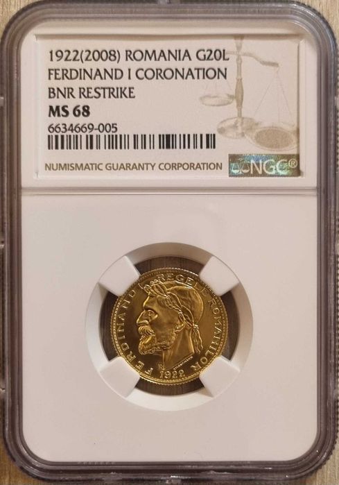 Moneda 20 lei aur, Ferdinand 1922 rebatere BNR 2008, gradata NGC MS 68