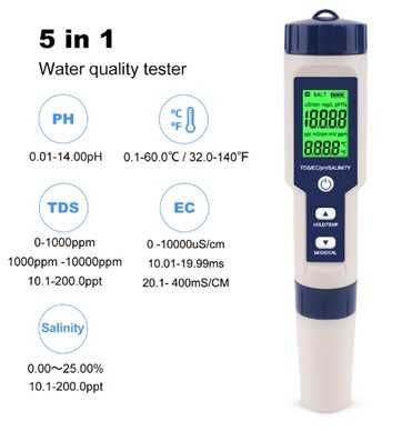 Тестер за качество на водата 5 в 1 професионален