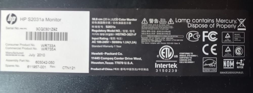 Монитор HP 20" 60 гц