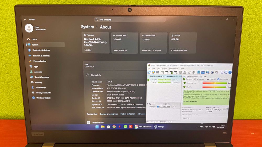 Thinkpad T15 Gen 2i, core I7-1185G7, 32 GB RAM, 512 GB NVME Samsung - impecabile