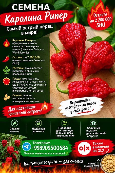 Семена супер острого перца в мире Каролина рипер красная