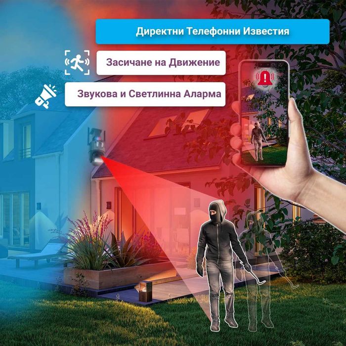 Двойна външна въртяща WiFi AI камера 8MP с два обектива, ICSee, Черна