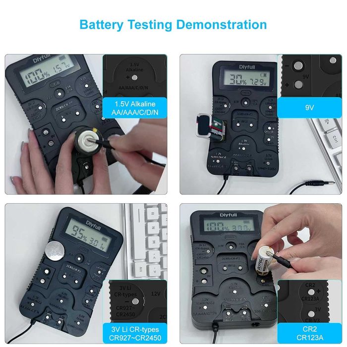 Tester baterii Dlyfull B4,verificator universal cu afișaj LCD Ni-MH, Ni-CD, Li-ion, Alk și LiFe04 (celule AA AAA C D 9V 12V 18650 CR123A 2CR5 CR2032)