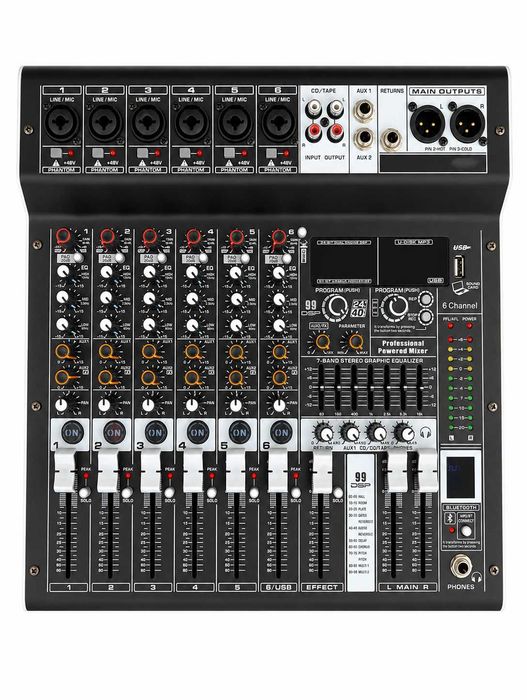 Activ mixer audio 6 canale 2 x 400W PM6C Stereo 99 Efecte digital DSP cu amplificator Bluetooth USB