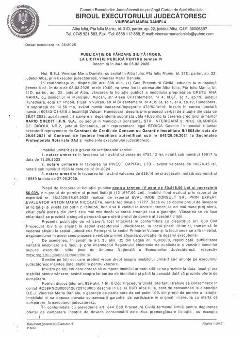 Apartament de vanzare Vulcan, jud. Hunedoara -LICITATIE