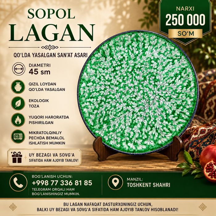 Milliy ruhda bezatilgan premium sifatliy,ekalogik toza sopol lagan