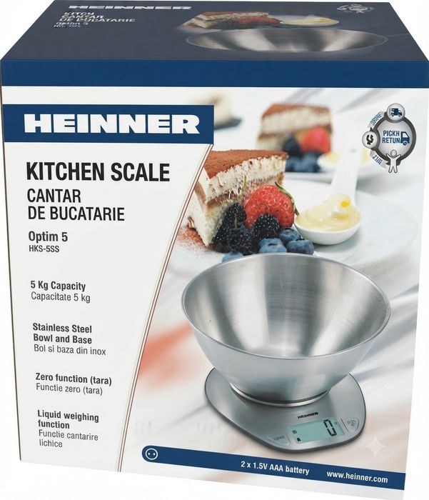 Cantar de bucatarie cu bol Heinner full inox cu display lcd, Inox