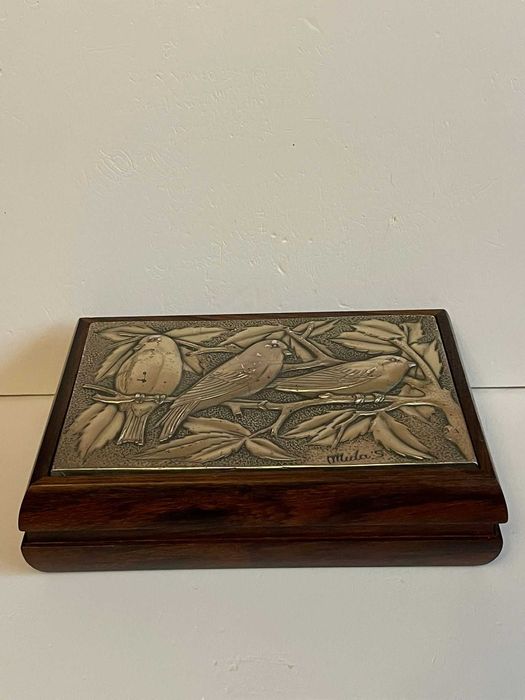 CUTIE BIJUTERII LEMN Nuc + ARGINT 925 - MIDAS - Caseta - Vintage !