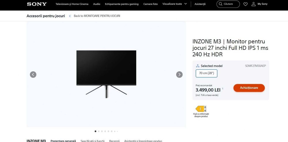 Monitor gaming  Sony Inzone M3 240 Hz dedicat consola jocuri PS5