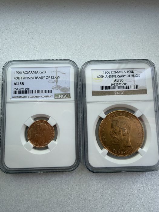 moneda Romania aur 20 lei si 100 lei 1906 Carol I