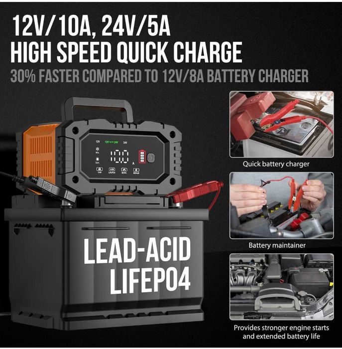NEXPEAK NC202 10-Amp зарядно устройство за батерии 12V 24V LiFePO4 оловно-киселинни 8-степенно