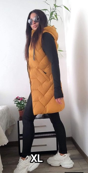 РАЗПРОДАЖБА Дамски дълъг елек - грейка с качулка L XL XXL Удобен! Прак