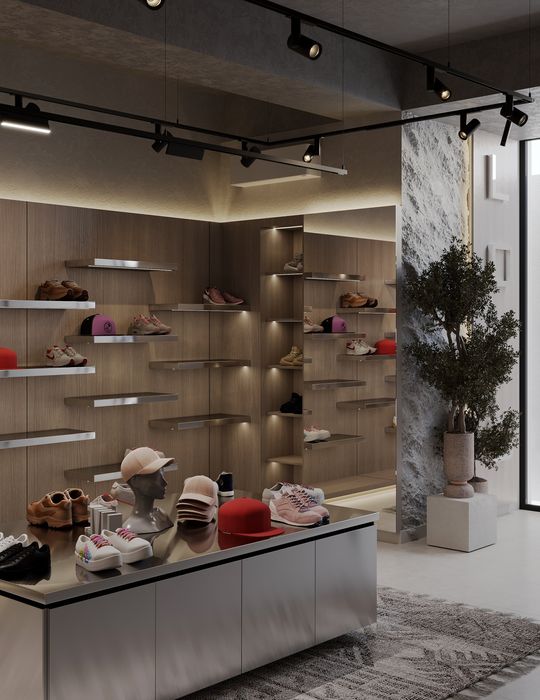 Дизайн интерьер магазин одежды  кроссовок минимализм