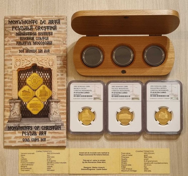 Set 3 monede BNR aur, monumente arta feudala, gradate NGC