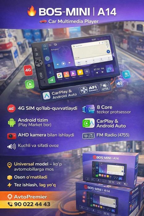 Android Manitor BOS A14 Android14 Multimedia – 8GB/128GB, Sim Kartaliy