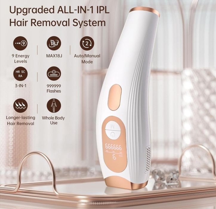 Epilator laser IPL, cu 999.900 de impulsuri luminoase, 3 moduri functionale HR/SC/RA, 9 intensitati, rapid, regenerare piele si indepartare acnee, alb