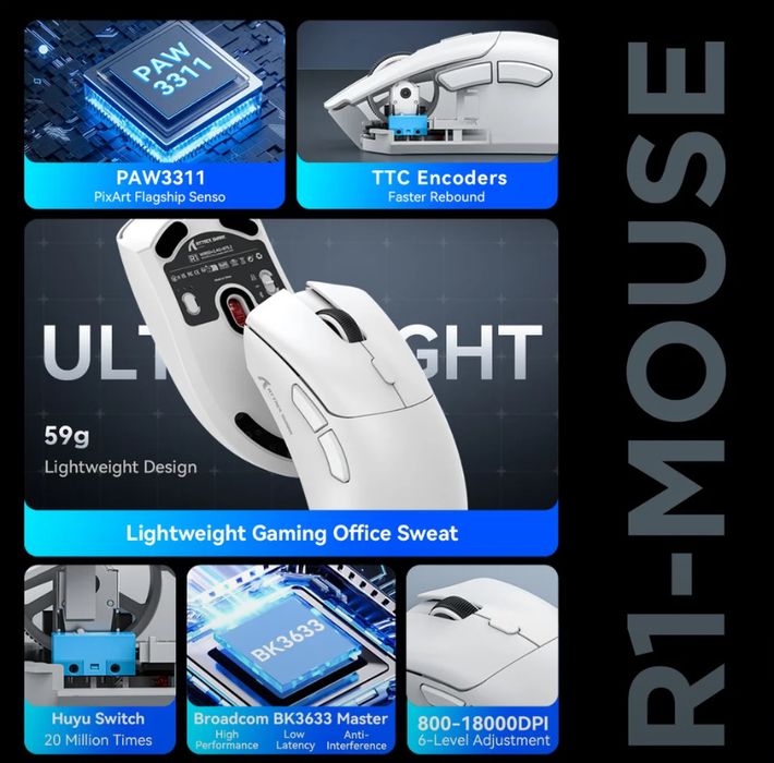 Игровая Беспроводная Attack Shark R1 мышь для гейминга 18.000Dpi