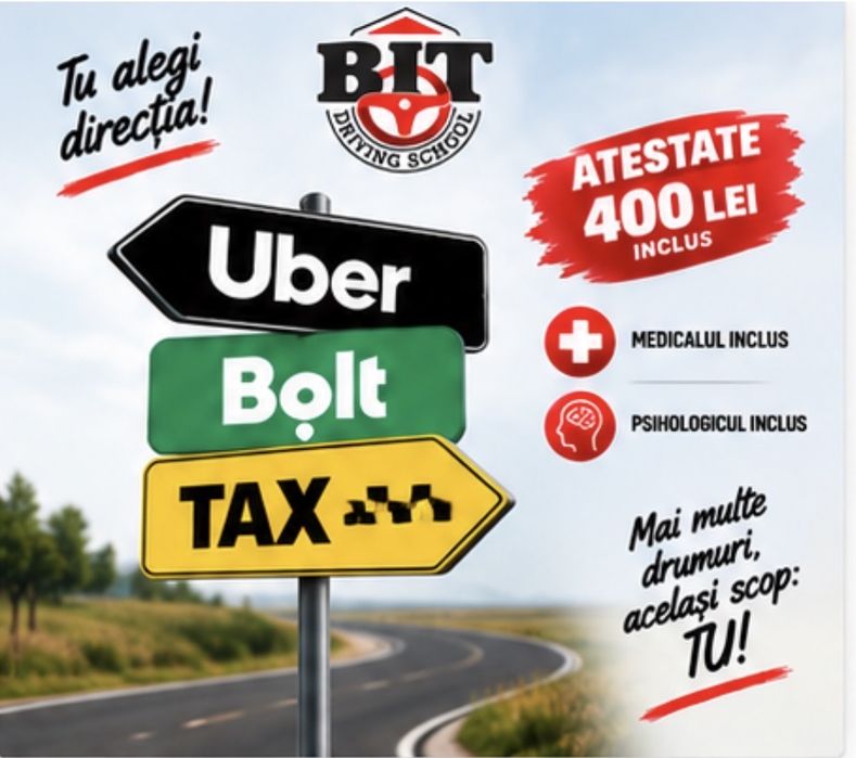 Atestate - uber bolt taxi - 400 lei inclus medical+psihologic + flota + masini de inchiriat