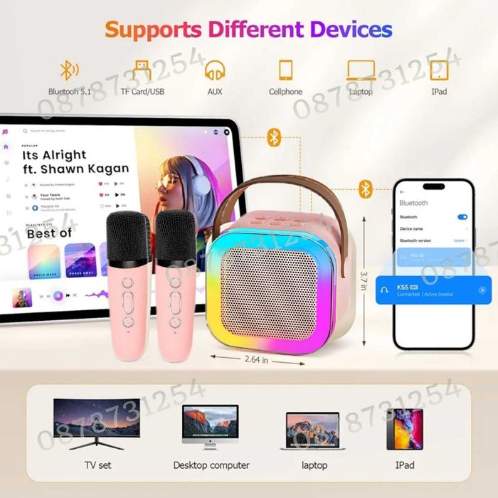 Детска Преносима Блутуут Караоке Тонколона с Два Безжични Микрофона