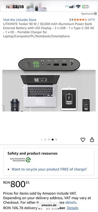 Powerbank / Baterie externă LITIONITE TANKER 50.000mAh – 185Wh – USB + USB-C + DC