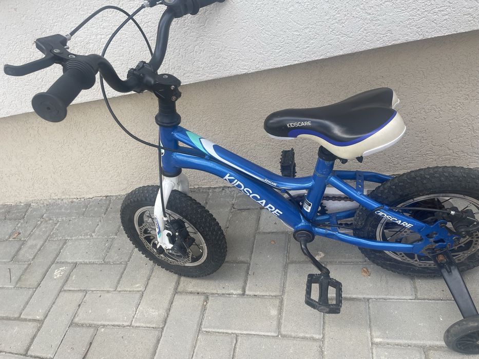 Bicicleta pentru copii 2-4 ani HappyCycles KidsCare, roti 12 inch, cu roti ajutatoare si frane pe disc, albastru