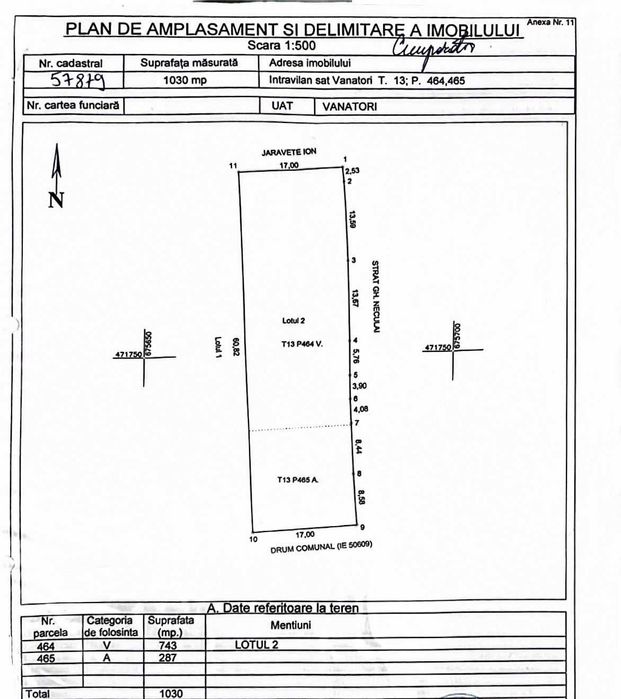 Teren Intravilan | 1030 mp | 50€/mp | Central Vânători Focșani Vrancea