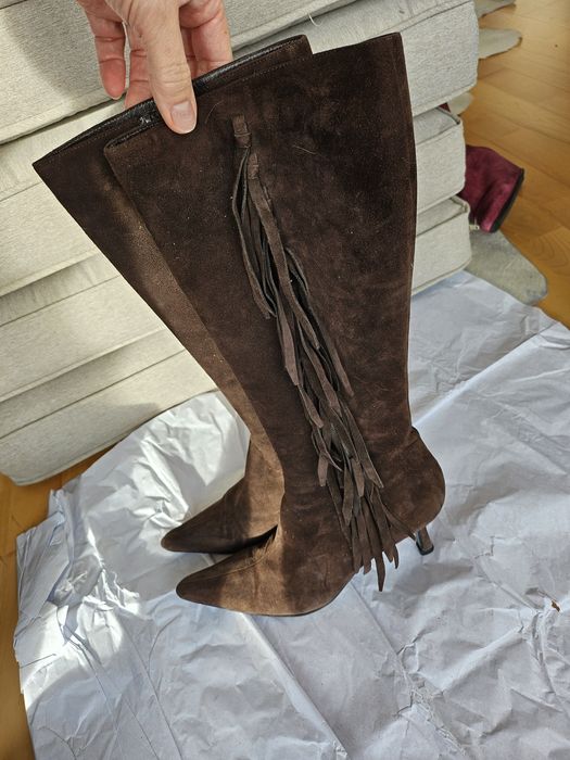 Cizme din piele naturala captusite cu piele, mar. 37, nubuc, franjuri