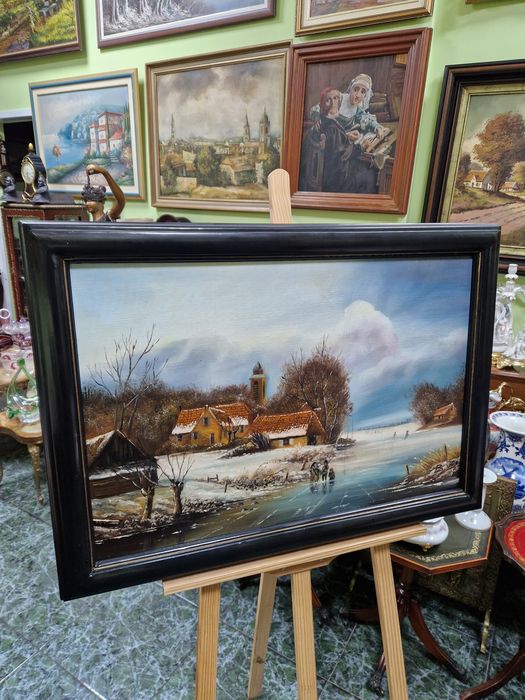 Страхотна антикварна авторска картина масло върху платно