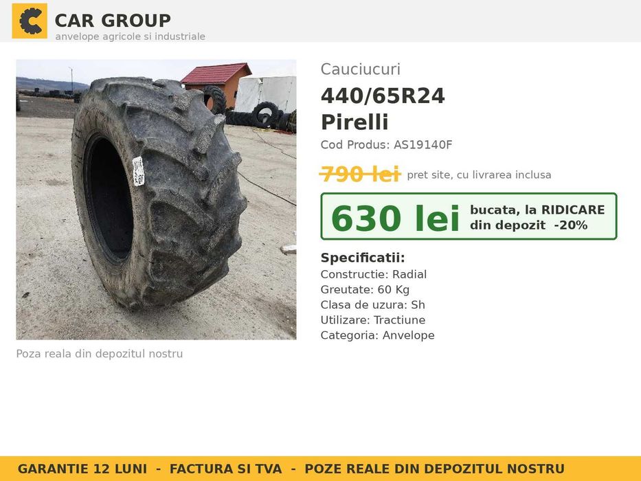 Anvelope Cauciucuri 440/65R24 440 65 R24 4406524 440 65R24 Pirelli Tractor Utilaje Agricole SH Second Hand IEFTIN Garantie 1 An Factura