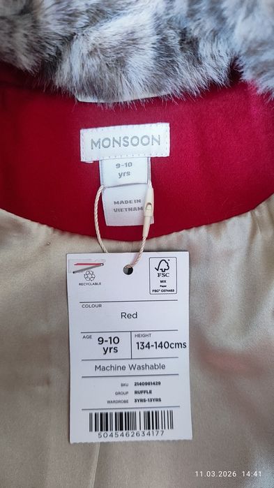 Пальто Monsoon для девочки 134-140см.