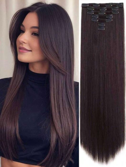 Екстеншън за коса цвят мока кафяво 7части с щипки